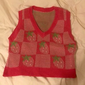 Xs women’s v neck strawberry checker pattern sweater vest, slightly cropped.